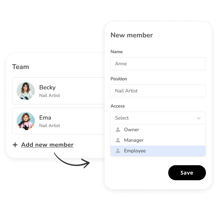 nail salon management system team and schedule